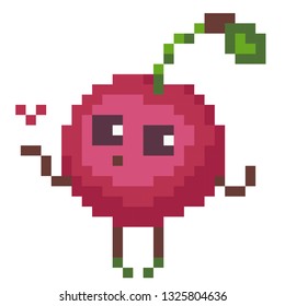 Cherries in pixel art style. Cute character for cross stitch on a white background. Element design for web, games, app, logo, embroidery, sticker.