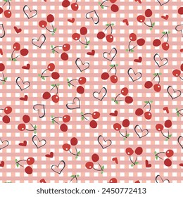 Cerezas con estampado a cuadros de gingham corazones sin patrón de diseño de tela