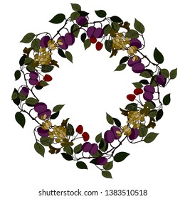 Cherries, plums, grapes. Wreath. Vector illustration.