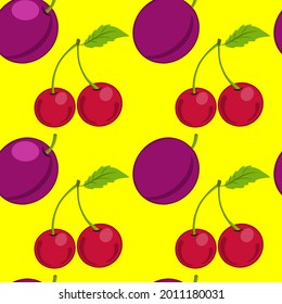 Cherries and plums on a yellow background, texture for design, seamless pattern, vector illustration