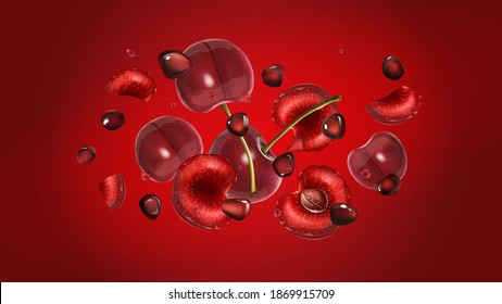 Cherries, pomegranate grains and drops of juice flying on a red background.