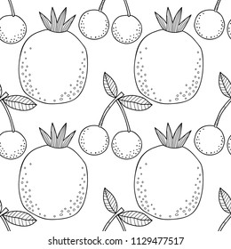 Cherries and pomegranates. Black and white illustration for coloring book. Berries and fruits, healthy dessert, food.
