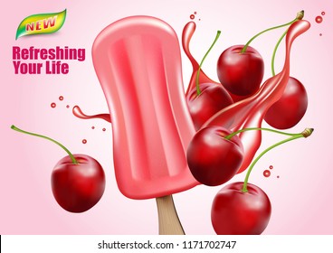 Cherries popsicle, ice cream ads, Vector 3D realistic with liquid splashing and fruit for tropical summer in 3D illustration. Of free space for your copy and branding. Food concept for Advertising.