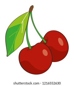 Cherries, red, green leaf, white background