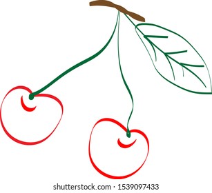 Cherries.Two red cherries on a stick.Vector illustration. 