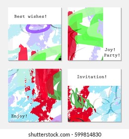 Cherries and rough textured crayon strokes blue red.Hand drawn creative invitation greeting cards. Poster, placard, design templates. Anniversary, Birthday, wedding, party cards set of 4. 
