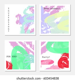 Cherries and rough textured crayon strokes purple green.Hand drawn creative invitation greeting cards. Poster, placard, design templates. Anniversary, Birthday, wedding, party cards set of 4. 