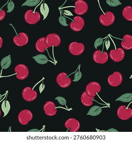 Cherries Seamless pattern. Fruit backgrounds. Berries Wallpaper Vector illustration, Handmade		