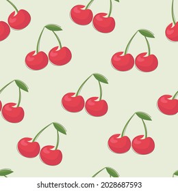 Cherries seamless pattern. Two cherries with a leaf on a light background. Vector pattern.