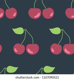 Cherries seamless vector pattern on a dark background.