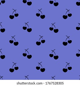 Cherries. Silhouette. Repeating vector pattern. Outline on an isolated purple background. Flat style. Seamless berry ornament. Sweet fruit from the farm. Idea for web design, packaging, wallpaper.