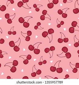 Cherries and small white hearts on pink backgound. Cute vector seamless pattern perfect for fabric.