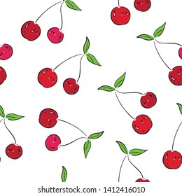 cherries with smile face seamless pattern on white background vector illustration 