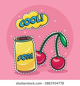 cherries and soda can with cool word pop art sticker icon vector illustration design