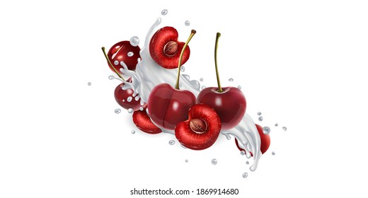 Cherries in splashes of milk or yogurt.