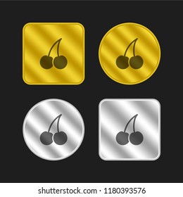 Cherries with stem gold and silver metallic coin logo icon design