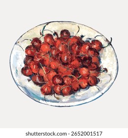Cerejas de Cezanne ainda vida pintura, ilustração isolada em branco, vetor. Ilustração de comida desenhada à mão vintage, desenho antigo, vetor. Vetor de ilustração de fruta vintage.