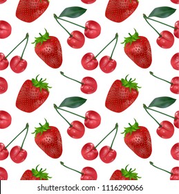 Cherries and Strawberries seamless pattern. Good for textile, wrapping, wallpapers, etc. ripe cherries and Strawberries isolated on white background. Vector illustration.