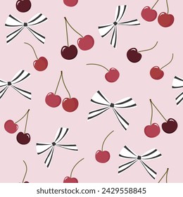 cherries with  striped black white bows seamless pattern on pink background , vector illustration