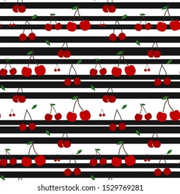 Cherries and Stripes Seamless Pattern - Cherries on horizontal black and white stripes