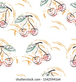 Cherries. Two red cherries on a stick. Hand drawn with a brush.Pattern. White background.Vector illustration.