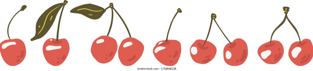 Clíparte vectorial de cerezas dibuja a mano estilo plano infantil aislado en fondo blanco.