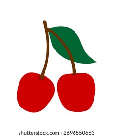 Ilustração do vetor de cerejas isolada no fundo branco. Deliciosa fruta um par de cerejas em um talo com uma folha. O rendimento da planta doce da natureza. Cuidados de saúde com alimentos orgânicos.