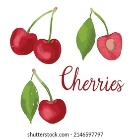 Ilustración vectorial de cerezas Conjunto aislado. Excelente para blogs de comida, tarjetas de recetas, carteles y más. 