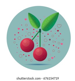 cherries , vector illustration , leaf , hearts , on a gray background