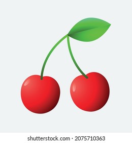 Cherries vector on white background. Flat icon of cherries with steam and leave. Vector illustration.