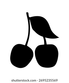Ilustração da silhueta do vetor de cerejas isolada no fundo branco. Deliciosa fruta um par de cerejas em um talo com uma sombra em forma de folha. O rendimento da planta doce do símbolo da natureza. Saúde dos alimentos biológicos 