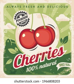 Cherries Vintage Poster Template. Organic Fruits Promotional Retro Ad. Cherry Vector Illustration.