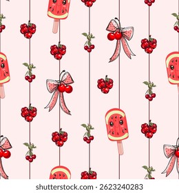Cerejas e melancia Popsicle Sem Costura Padrão com Arcos. Padrão de fruta vertical com cerejas bonitas e sorvete