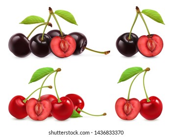 Cherries. Whole and half berries. 3d realistic vector set