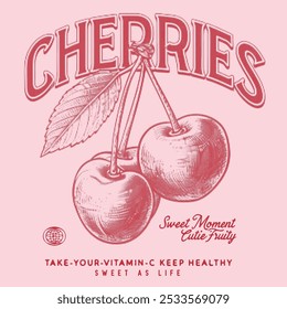 cherries written cherry sweet moment print style. Vector for silkscreen, dig, dtf, t-shirts, signs, banners, Sublimation Jobs or for any application. vector image of vintage graphics print art