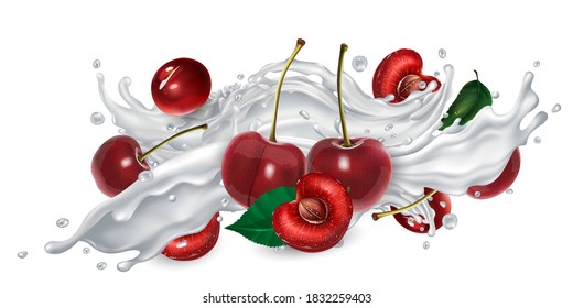 Cherries in a yogurt or milk splash.