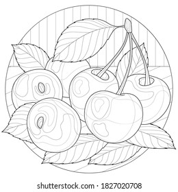  Cherries.Berries.
Coloring book antistress for children and adults. Illustration isolated on white background.Black and white drawing.Zen-tangle style.