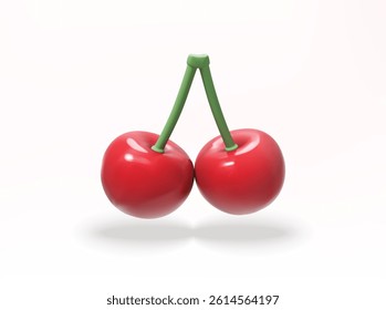 Cherry 3D Icon. Realistic Rendered Cherries with Stems, Isolated Vector Illustration