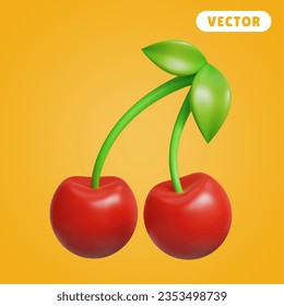 cherry 3D vector icon set, on orange background