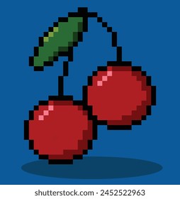Cherry in 8 bit pixel art. Cherry pixel in vector.