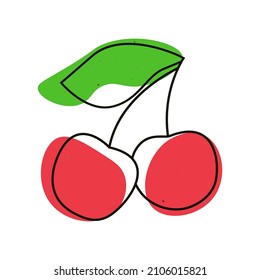 Cherry abstract sticker. Fruit from black outline and spots. Modern minimalist drawing of red cherry berry with abstract elements and green leaf. Sour fruit icon on the label. Vector illustration.