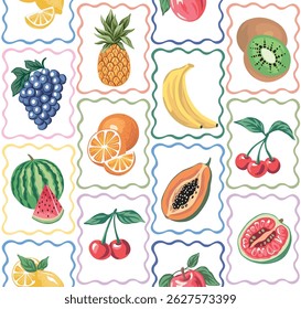 Cereja, agave, abacaxi, maçã, kiwi, laranja, uva, banana, melancia, limão, frutas de mamão nos quadros padrão sem costura. Papel de parede boho de verão.