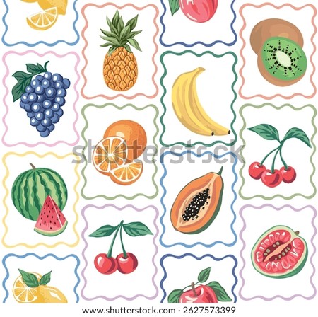 Cherry, agave, pineapple, apple, kiwi, orange, grape, banana, watermelon, lemon, papaya fruits in the frames seamless pattern.. Summer boho wallpaper.