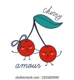 Amargo de cerezo - pareja de cerezas dibujada a mano en ilustración de amor. Tarjeta de San Valentín de estilo Doodle.
