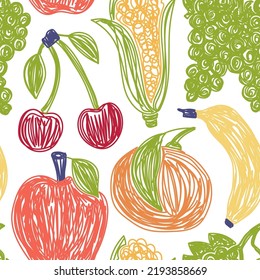 Cherry, apple and grape. Tangerine, banana and corn. Fruit bundle seamless pattern. Color vector illustration set. Pen or marker doodle drawing