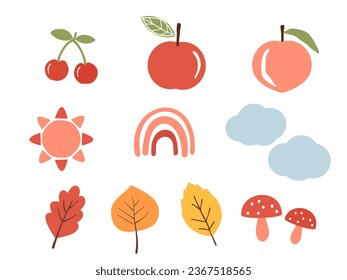 Cherry, apple, peach, sun, rainbow, cloud, Autumn leaf and mushroom icon sign isolated on white background vector illustration.