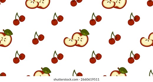 Cherry Apfel nahtloses Fruchtmuster. Kirschen und in Scheiben geschnittene Äpfel im Cartoon-Stil. Nahtloses helles Fruchtmuster auf weißem Hintergrund.