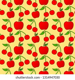 Cherry and Apple seamless pattern with yellow background