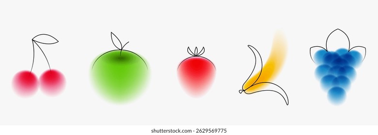 Cherry, apple, strawberries, banana, grapes. Set fruit plant in creative minimal style. Modern fashion concept design with simple shape lines and blur gradient elements. Bright vector illustration.