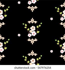 Cherry or apple tree blossom seamless pattern. Spring background with flowers and green leaves.